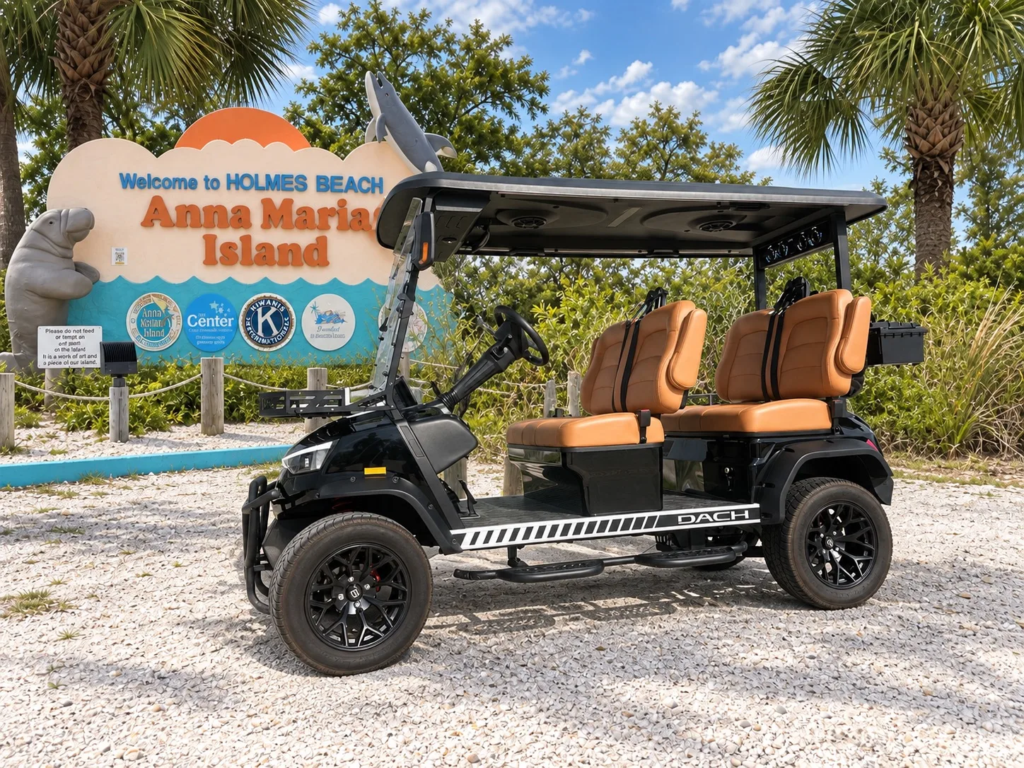 Black Premium DACH Apollo golf cart with four forward-facing tan seats