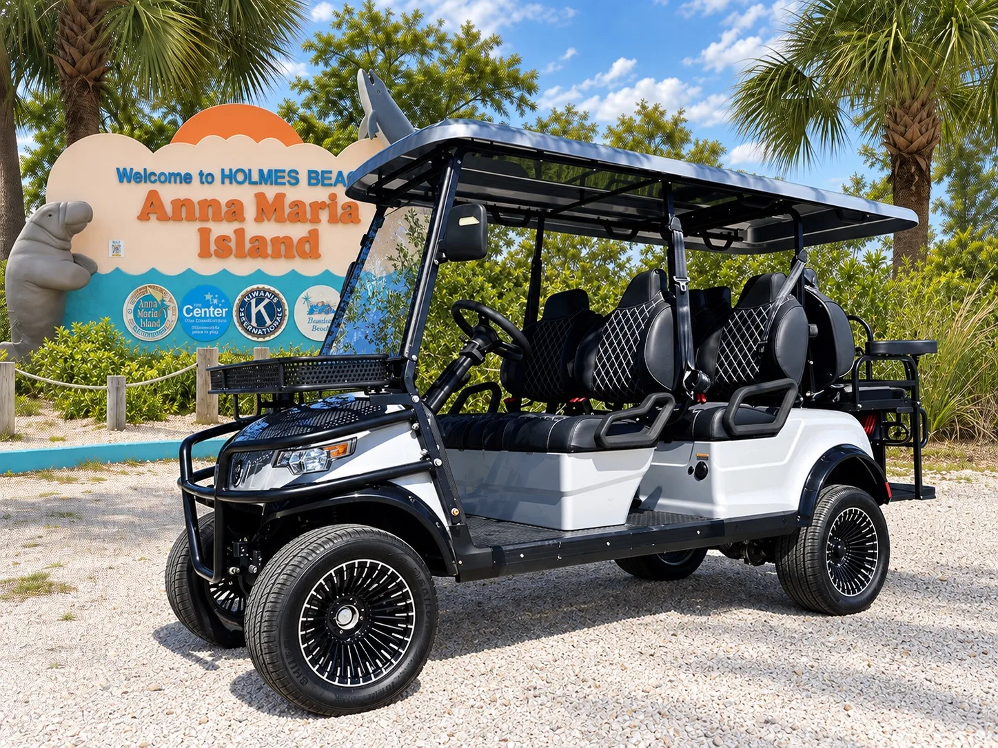 White Standard EPIC golf cart with diamond-pattern seats for six
