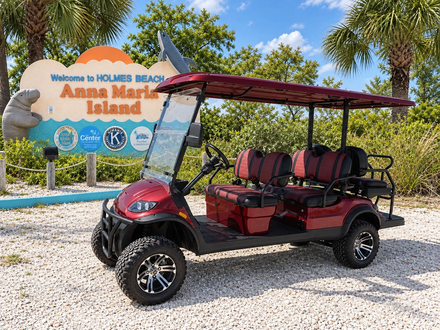 Red Standard ICON golf cart with seating for six